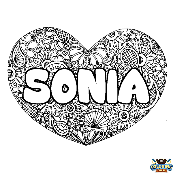 Coloring page first name SONIA - Heart mandala background