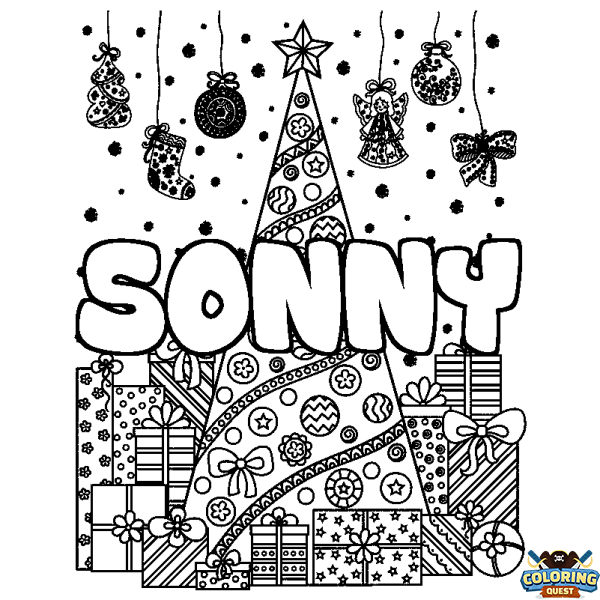 Coloring page first name SONNY - Christmas tree and presents background