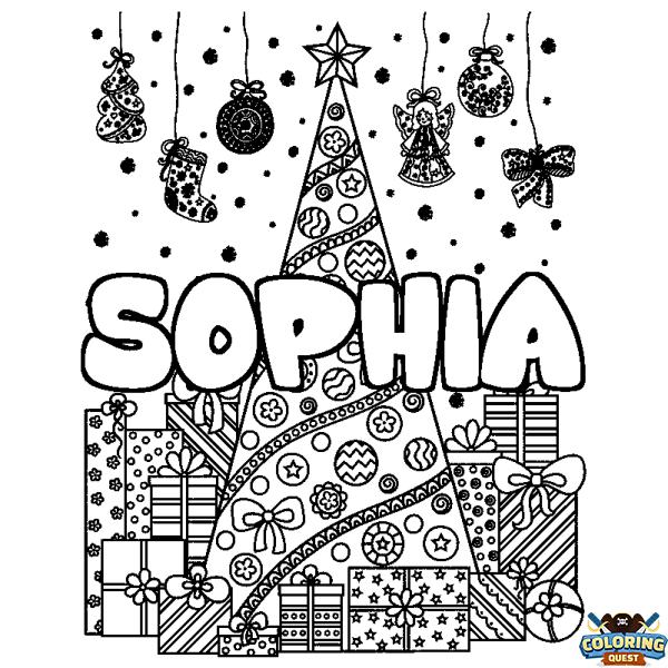 Coloring page first name SOPHIA - Christmas tree and presents background