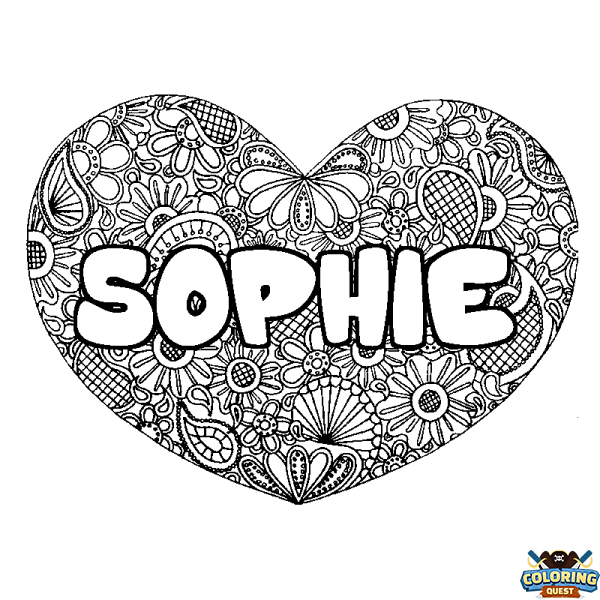 Coloring page first name SOPHIE - Heart mandala background