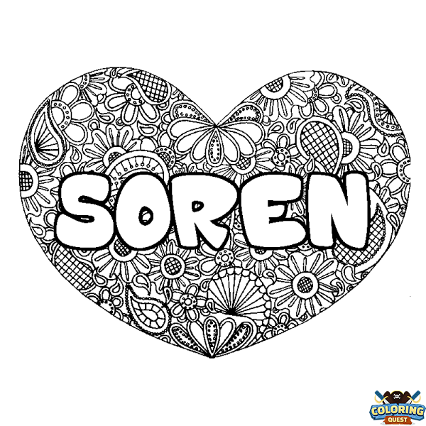 Coloring page first name SOREN - Heart mandala background