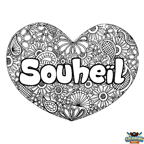 Coloring page first name Souhe&iuml;l - Heart mandala background