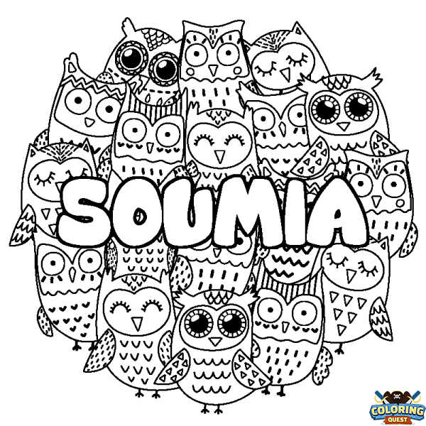 Coloring page first name SOUMIA - Owls background