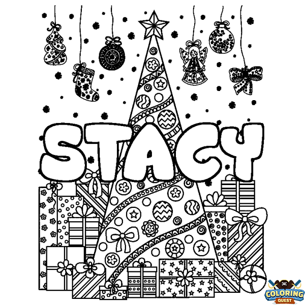 Coloring page first name STACY - Christmas tree and presents background