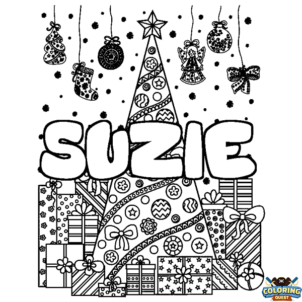 Coloring page first name SUZIE - Christmas tree and presents background