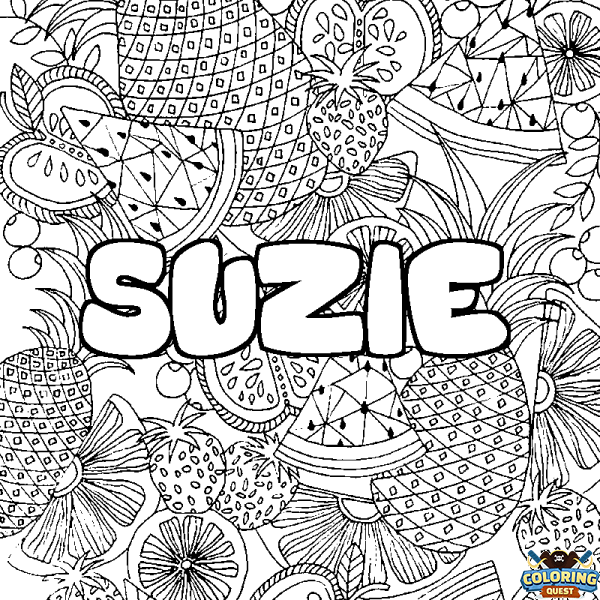 Coloring page first name SUZIE - Fruits mandala background