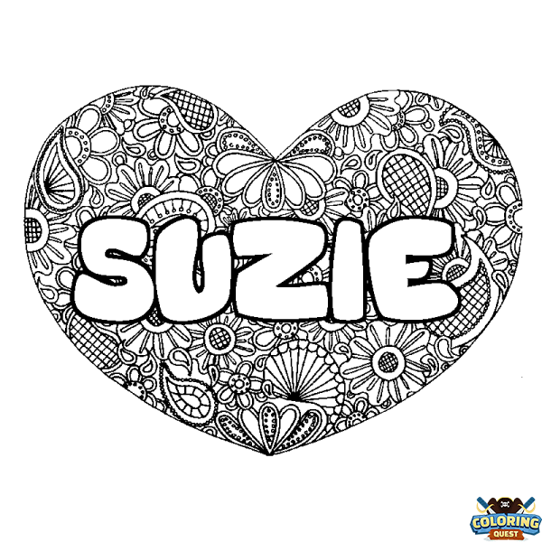 Coloring page first name SUZIE - Heart mandala background