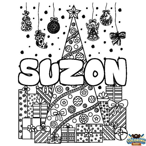 Coloring page first name SUZON - Christmas tree and presents background