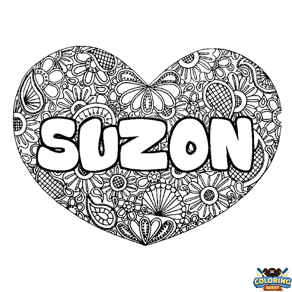 Coloring page first name SUZON - Heart mandala background