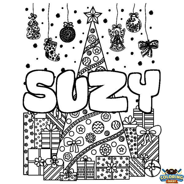 Coloring page first name SUZY - Christmas tree and presents background