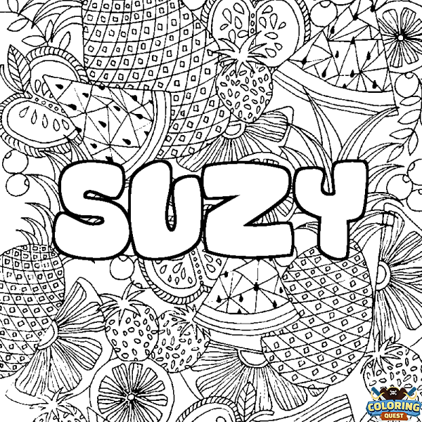 Coloring page first name SUZY - Fruits mandala background