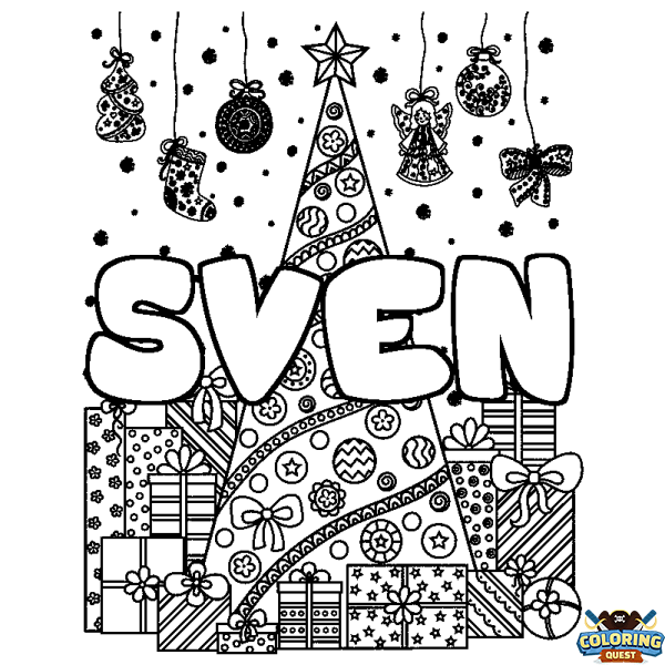 Coloring page first name SVEN - Christmas tree and presents background