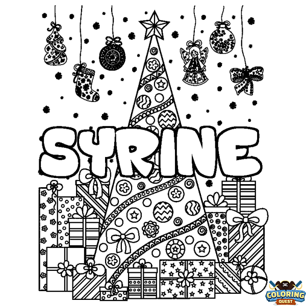 Coloring page first name SYRINE - Christmas tree and presents background