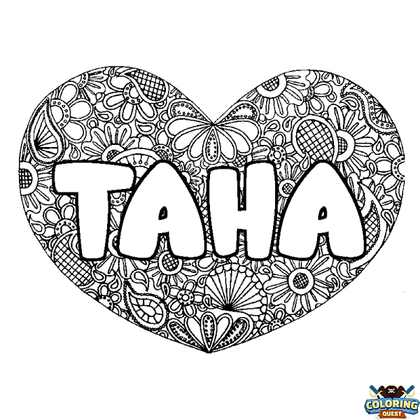 Coloring page first name TAHA - Heart mandala background