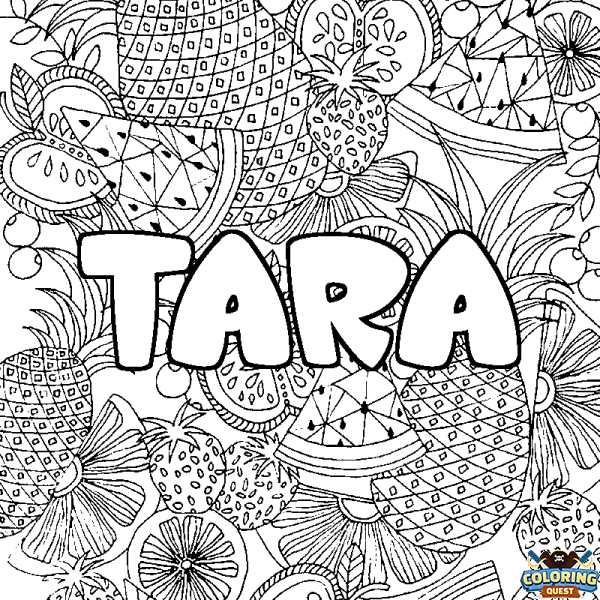 Coloring page first name TARA - Fruits mandala background