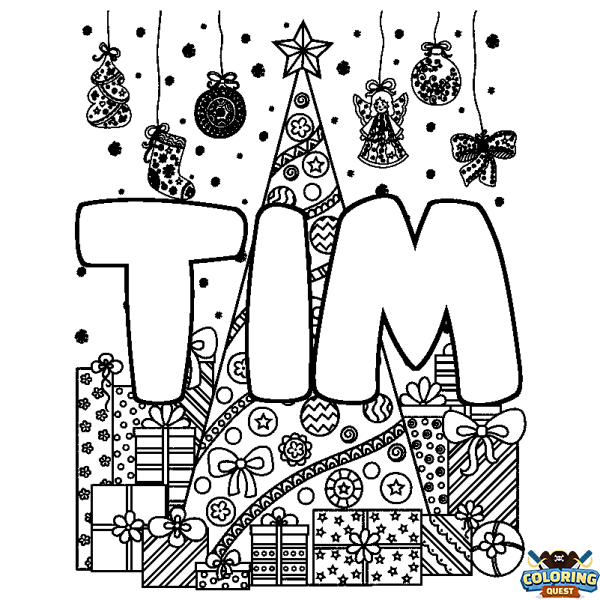 Coloring page first name TIM - Christmas tree and presents background