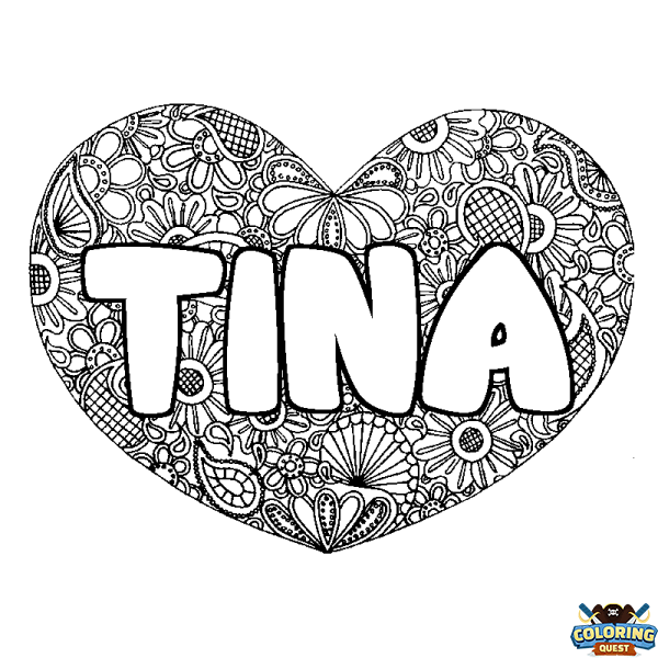 Coloring page first name TINA - Heart mandala background