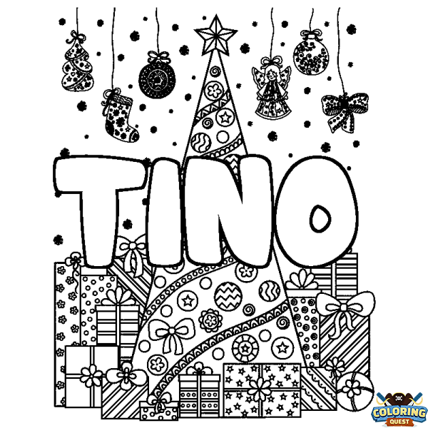 Coloring page first name TINO - Christmas tree and presents background