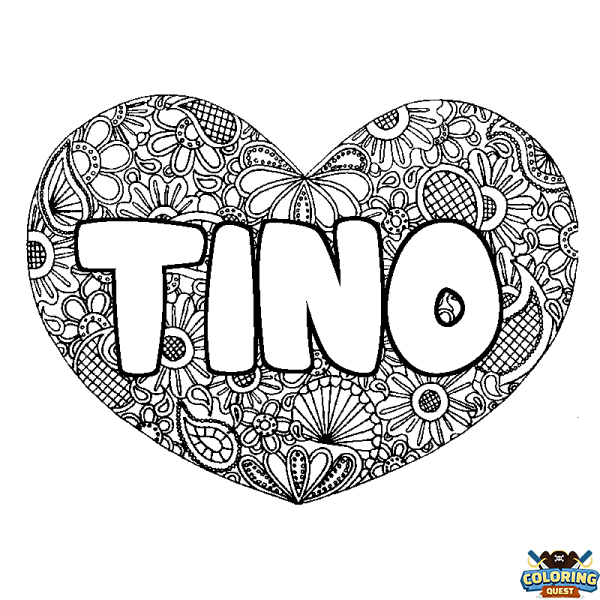 Coloring page first name TINO - Heart mandala background