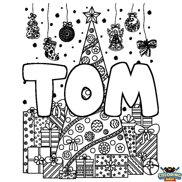 Coloring page first name TOM - Christmas tree and presents background