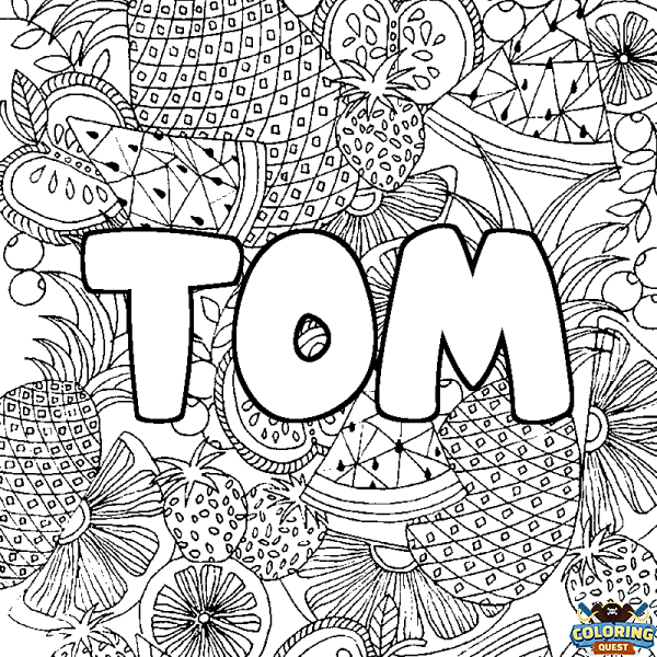 Coloring page first name TOM - Fruits mandala background