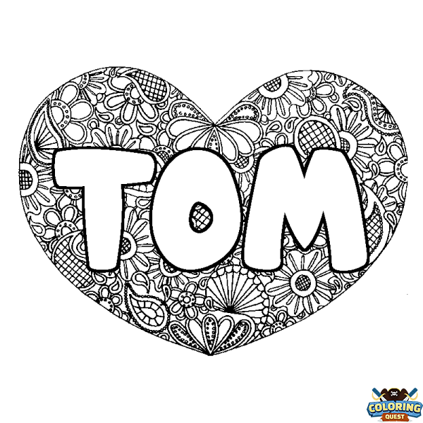 Coloring page first name TOM - Heart mandala background