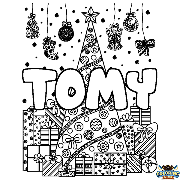 Coloring page first name TOMY - Christmas tree and presents background