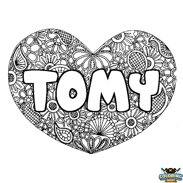 Coloring page first name TOMY - Heart mandala background