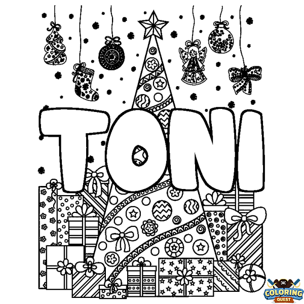 Coloring page first name TONI - Christmas tree and presents background