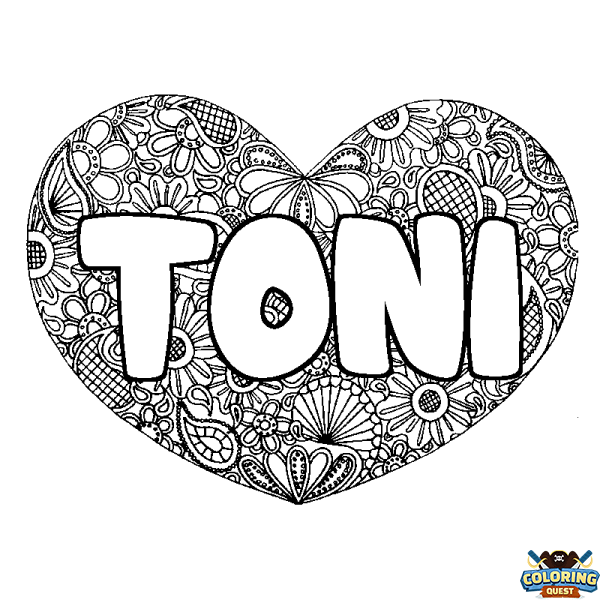 Coloring page first name TONI - Heart mandala background