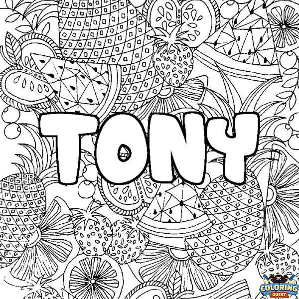 Coloring page first name TONY - Fruits mandala background