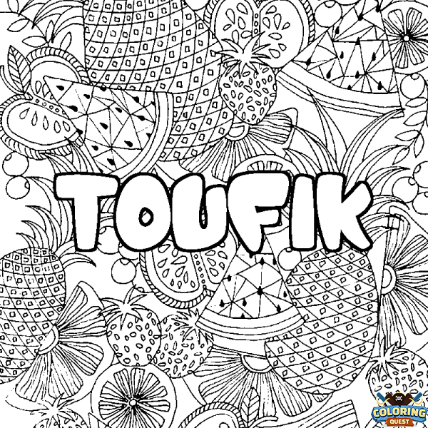 Coloring page first name TOUFIK - Fruits mandala background