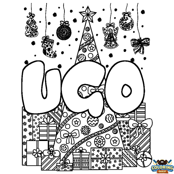 Coloring page first name UGO - Christmas tree and presents background