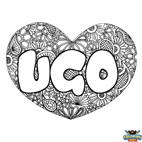 Coloring page first name UGO - Heart mandala background