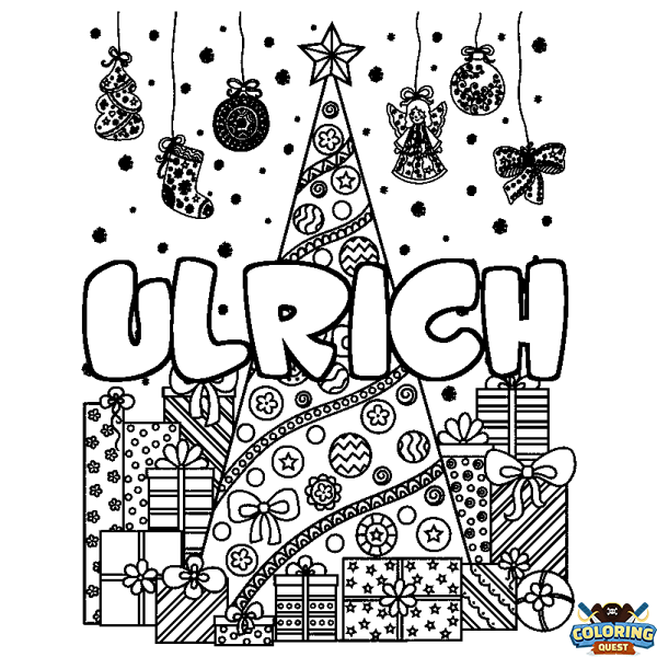 Coloring page first name ULRICH - Christmas tree and presents background