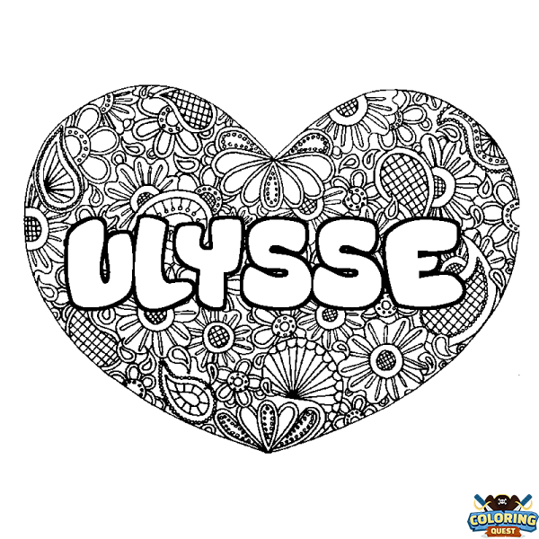 Coloring page first name ULYSSE - Heart mandala background