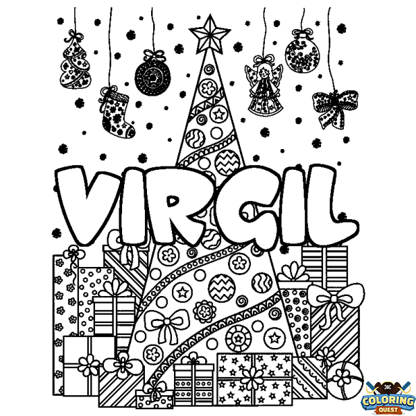 Coloring page first name VIRGIL - Christmas tree and presents background