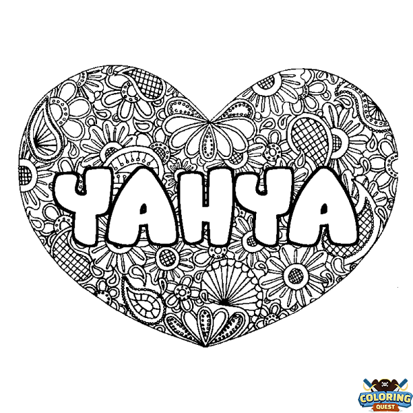 Coloring page first name YAHYA - Heart mandala background