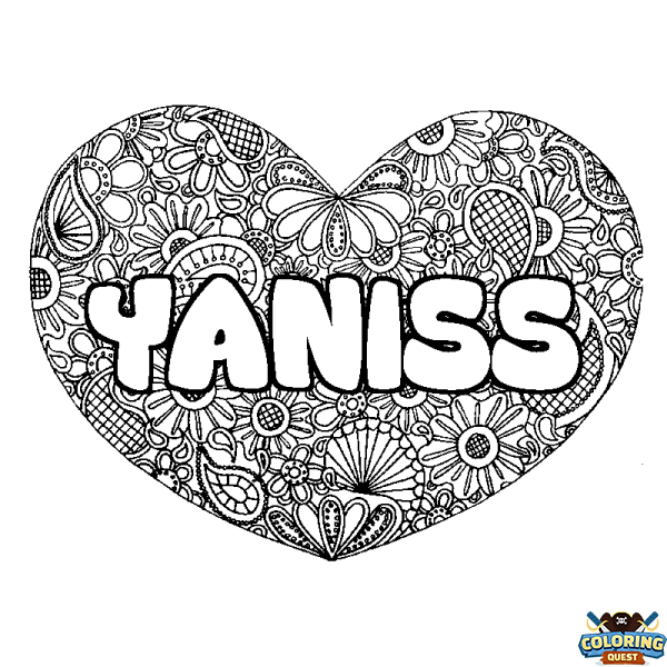 Coloring page first name YANISS - Heart mandala background