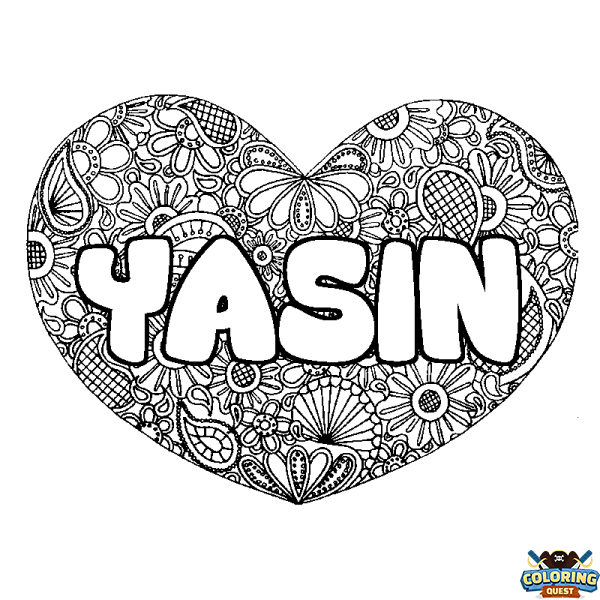 Coloring page first name YASIN - Heart mandala background