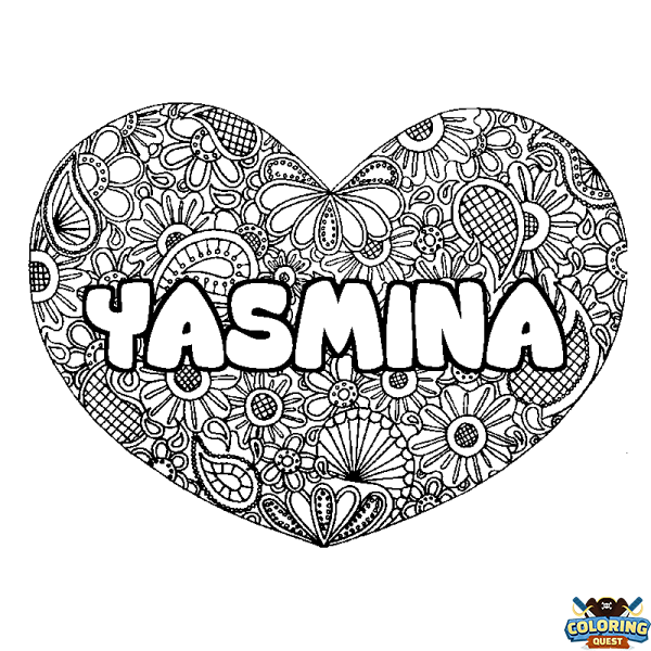 Coloring page first name YASMINA - Heart mandala background