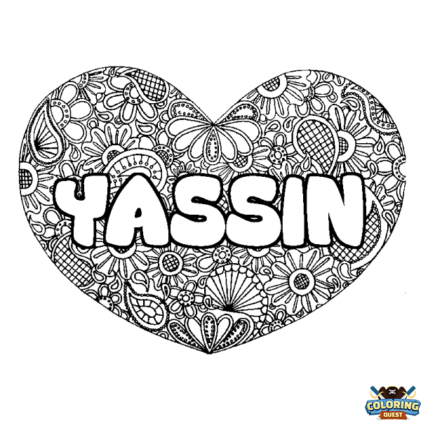 Coloring page first name YASSIN - Heart mandala background