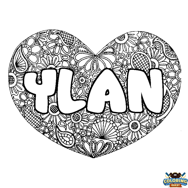 Coloring page first name YLAN - Heart mandala background