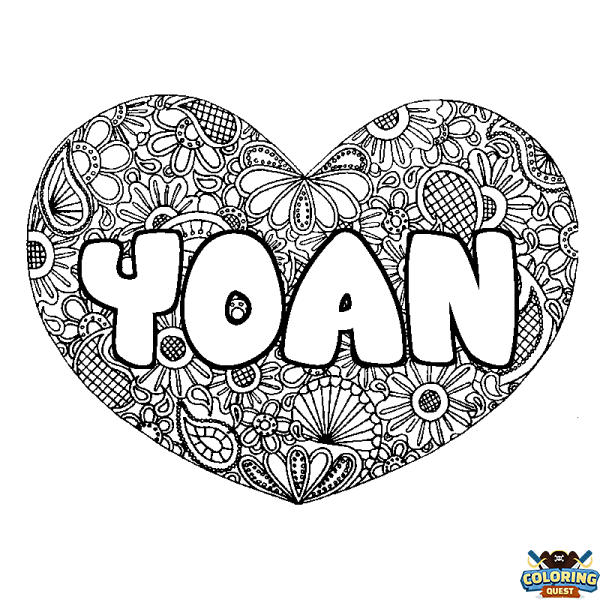 Coloring page first name YOAN - Heart mandala background