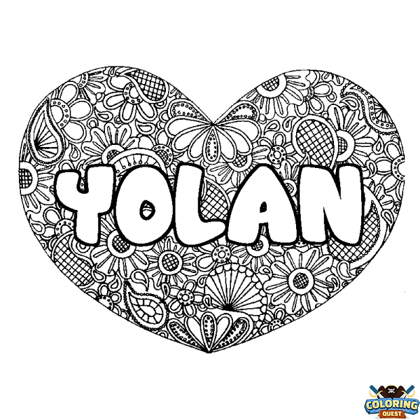 Coloring page first name YOLAN - Heart mandala background