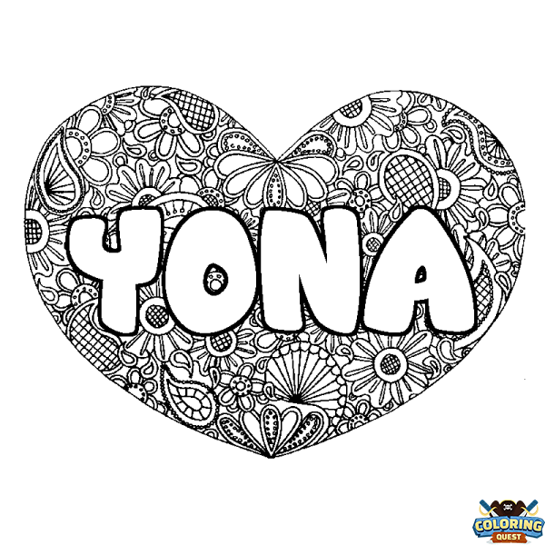 Coloring page first name YONA - Heart mandala background