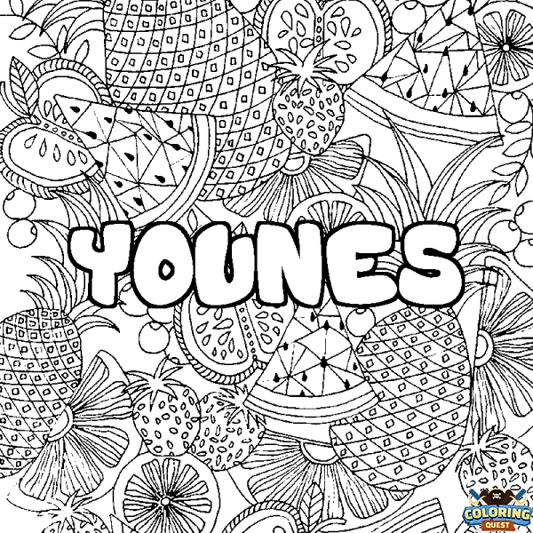 Coloring page first name YOUNES - Fruits mandala background