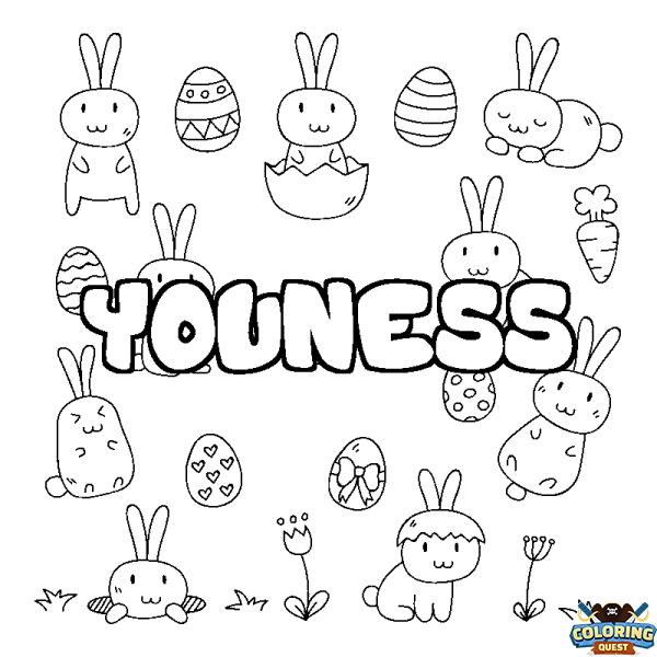 Coloring page first name YOUNESS - Easter background