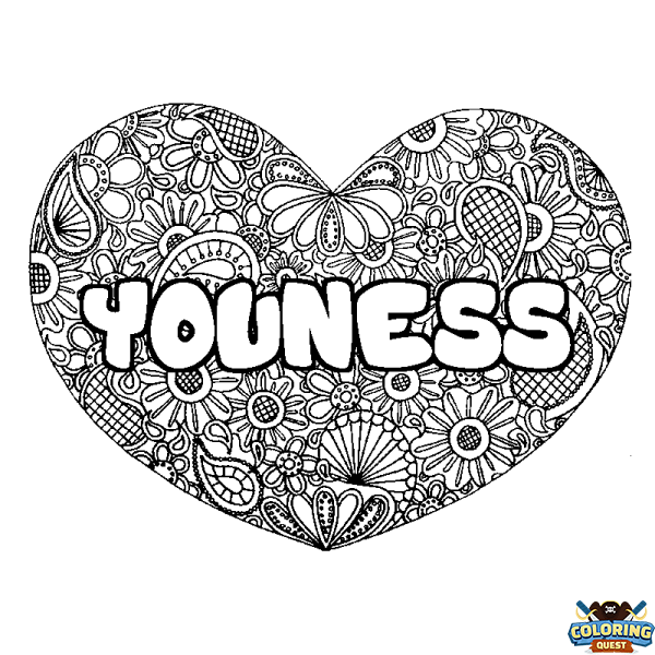 Coloring page first name YOUNESS - Heart mandala background