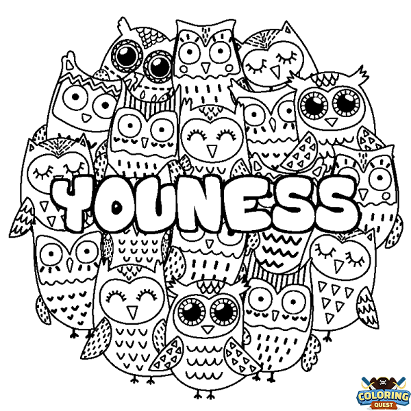 Coloring page first name YOUNESS - Owls background